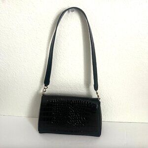 Vintage Liz Claiborne Crocodile Embossed Faux Leather Black Shoulder Bag‎ Purse